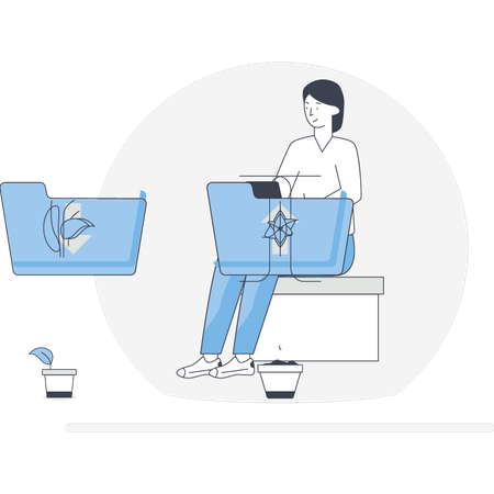 Garota está trabalhando no laptop  Illustration