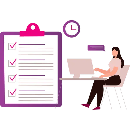 A garota está trabalhando no monitor da lista de verificação  Ilustração