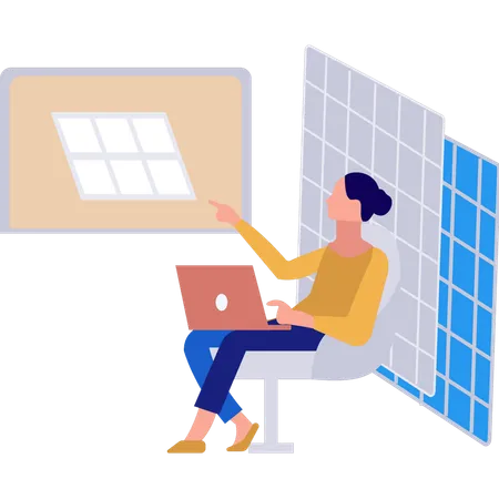 A menina está usando eletricidade de energia solar no laptop  Ilustração