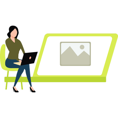 Garota está usando laptop para negócios de publicidade  Ilustração