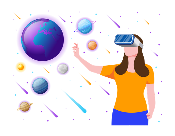 Garota experimentando ambiente espacial usando tecnologia VR  Ilustração