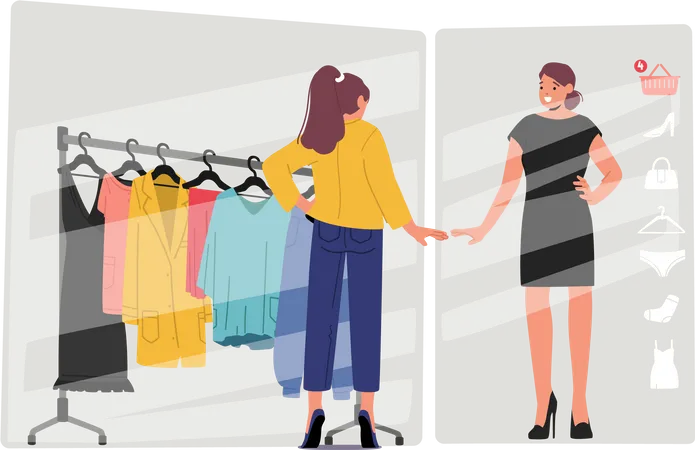 Garota experimentando roupas usando aplicativo online  Ilustração