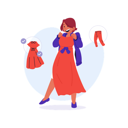 Garota tentando se vestir para fazer compras  Ilustração