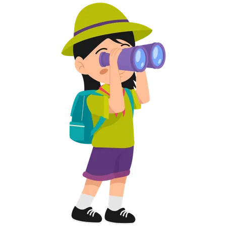 Menina explorando através de binóculos  Ilustração