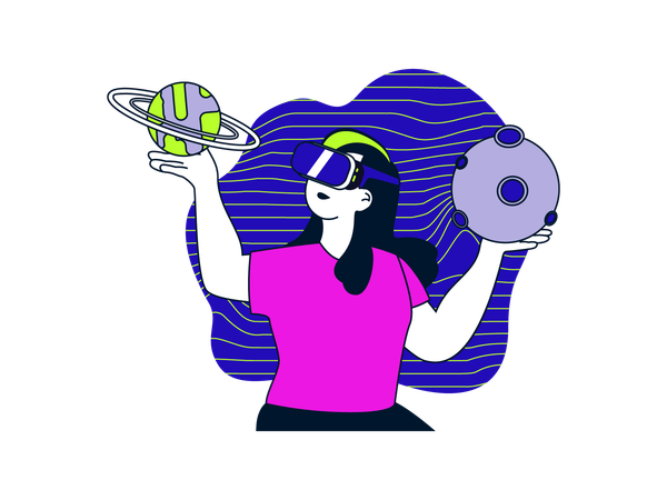 Garota explorando planetas usando tecnologia VR  Ilustração