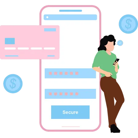 Garota faz pagamento seguro com cartão  Ilustração