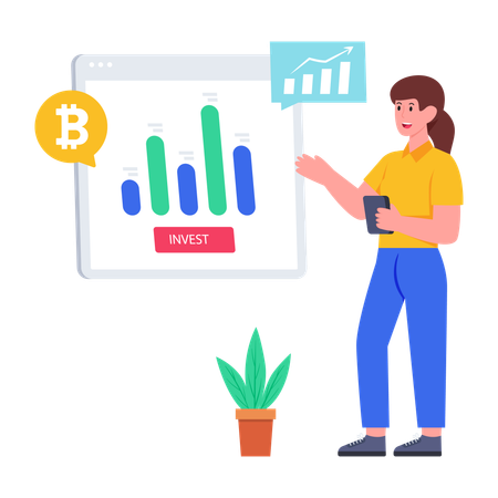 Garota fazendo apresentação de criptomoeda  Ilustração