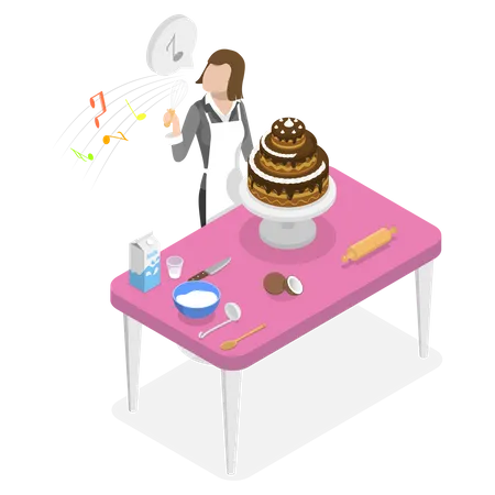 Garota fazendo bolo e cantando música  Ilustração