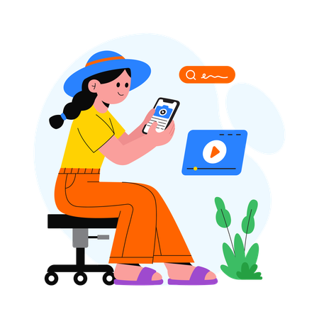Garota fazendo pesquisa de vídeo móvel  Ilustração