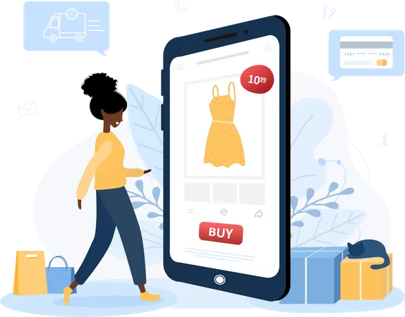 Garota fazendo compras de roupas online  Ilustração