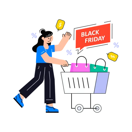 Garota fazendo compras na Black Friday  Ilustração