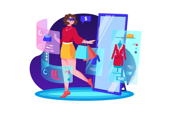 Garota fazendo compras on-line usando a tecnologia Metaverse  Ilustração