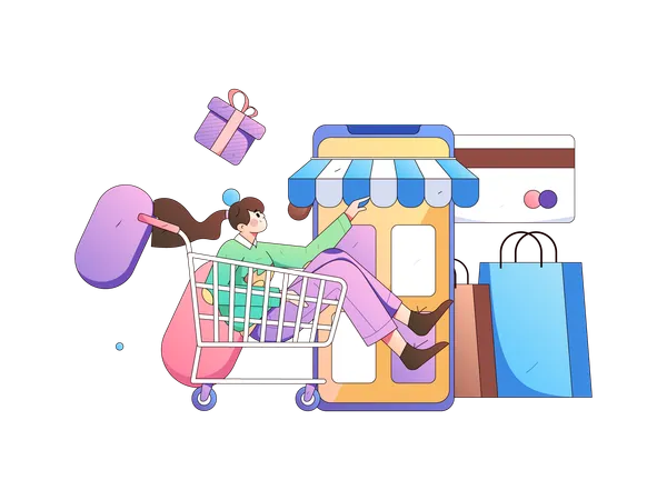 Garota fazendo compras on-line  Ilustração