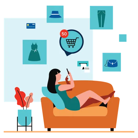 Garota fazendo compras on-line  Ilustração