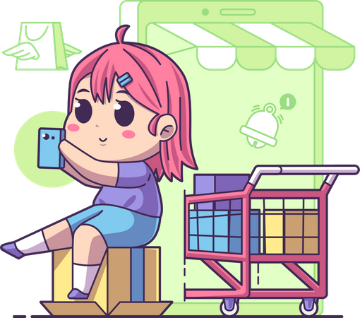 Garota fazendo compras on-line  Ilustração