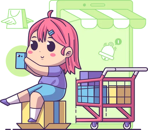 Garota fazendo compras on-line  Ilustração