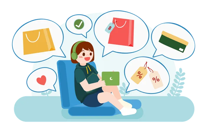 Garota fazendo compras on-line com direitos do consumidor  Ilustração