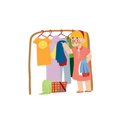 Garota fazendo economia de roupas  Ilustração