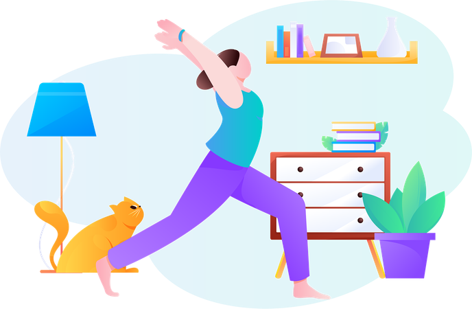 Garota fazendo exercícios de alongamento corporal em casa  Ilustração