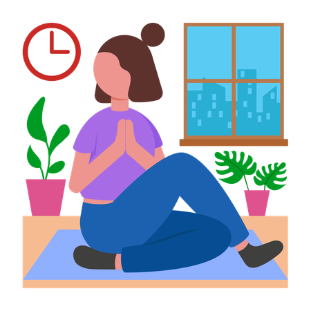 Menina fazendo ioga à tarde  Ilustração