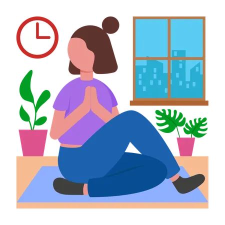 Menina fazendo ioga à tarde  Ilustração