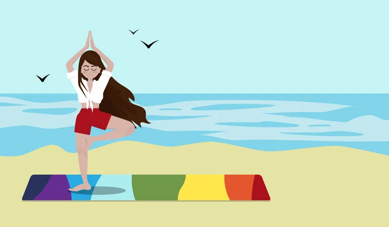 Jovem Meditando Em Uma Pose De Arvore De Ioga Em Um Tapete Colorido Na Bela Praia De Areia Ilustração