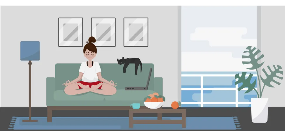 Jovem Meditando Em Um Sofa Com Um Laptop E Um Gato Em Uma Sala Com Vista Para O Mar Ilustração