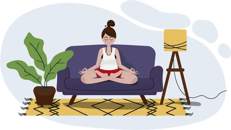 Jovem Meditando Em Pose De Lotus Em Um Sofa Roxo Cercado Pelo Interior Da Casa Planta Verde Tapete Amarelo E Lampada Ilustração