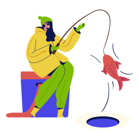 Garota pescando no inverno  Ilustração