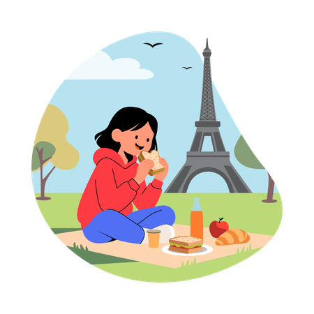 Menina fazendo piquenique perto da Torre Eiffel  Ilustração