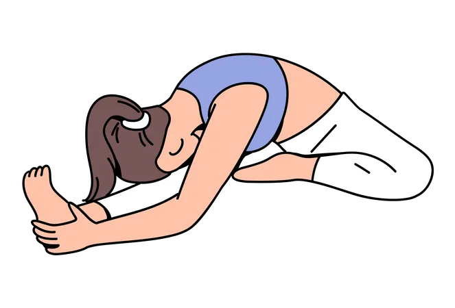 Garota fazendo pose de ioga da cabeça aos joelhos e flexão para frente  Ilustração