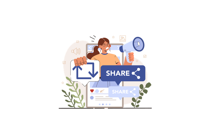 Garota fazendo postagem nas redes sociais compartilhando forçamento ativo  Ilustração