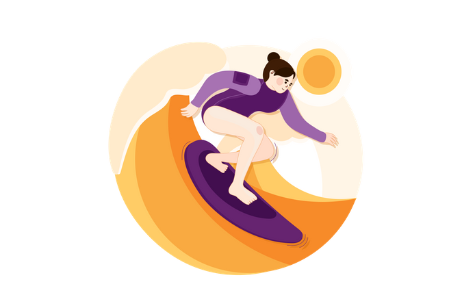 Garota praticando surf aquático  Ilustração