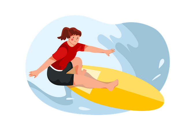 Garota praticando surf aquático  Ilustração