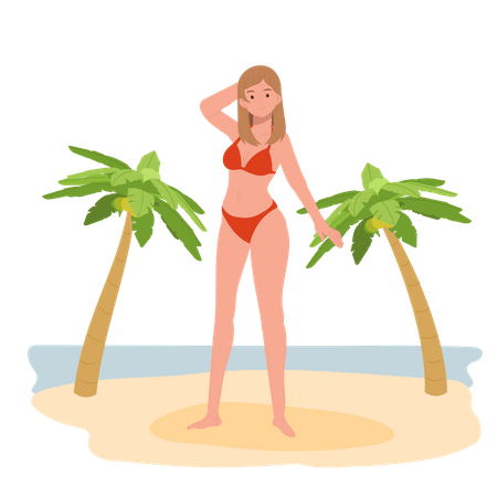 Garota feliz de biquíni na praia  Ilustração
