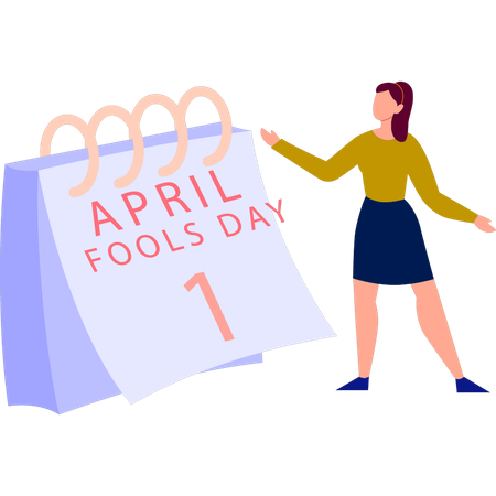 Garota mostrando alegremente a data do primeiro de abril  Ilustração