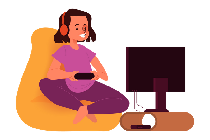 Garota feliz no sofá com controlador de console  Ilustração