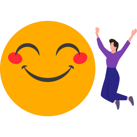 Garota feliz pulando com emoji  Ilustração