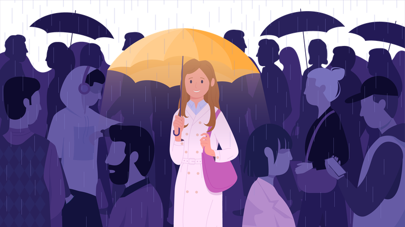 Garota feliz segurando guarda-chuva para proteger o humor da solidão  Ilustração