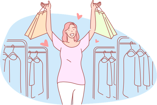 Garota feliz segurando sacolas de compras  Ilustração