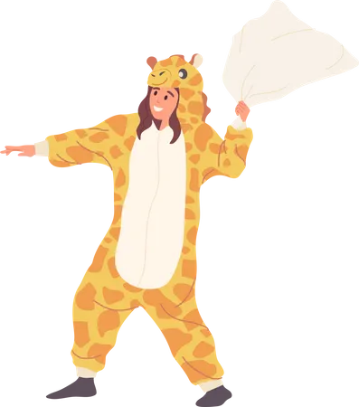 Garota feliz e sorridente vestindo fantasia de girafa e briga de travesseiros  Ilustração