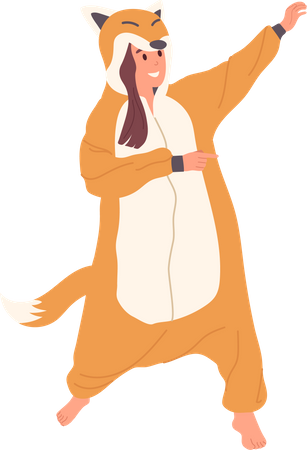 Garota feliz vestindo fantasia de raposa e se divertindo  Ilustração
