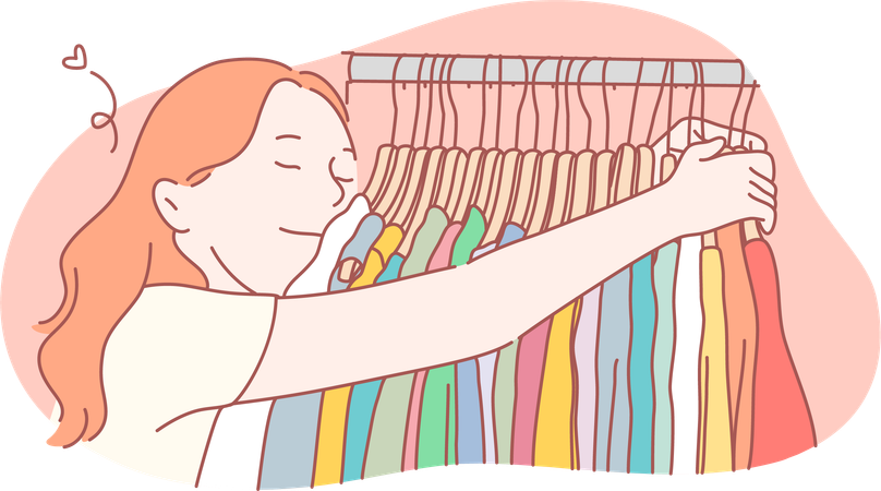 Garota fica feliz ao comprar suas roupas favoritas  Ilustração