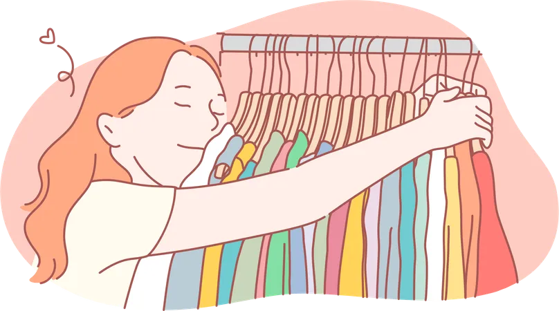 Garota fica feliz ao comprar suas roupas favoritas  Ilustração