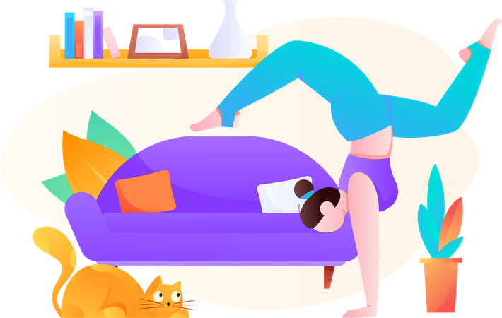 Garota fitness fazendo suporte de mão em casa  Ilustração