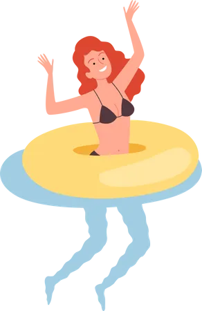 Menina flutuando na natação com anel  Ilustração