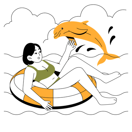 Menina flutuando no mar com golfinho  Ilustração
