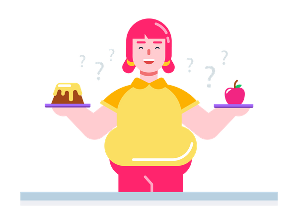 Garota gorda fica confusa entre comer maçã ou bolo  Ilustração