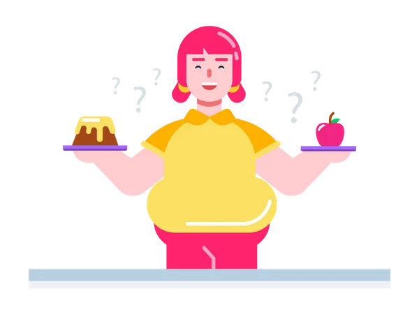 Garota gorda fica confusa entre comer maçã ou bolo  Ilustração