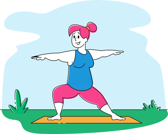 Garota gorda fazendo atividades de ioga ao ar livre  Ilustração